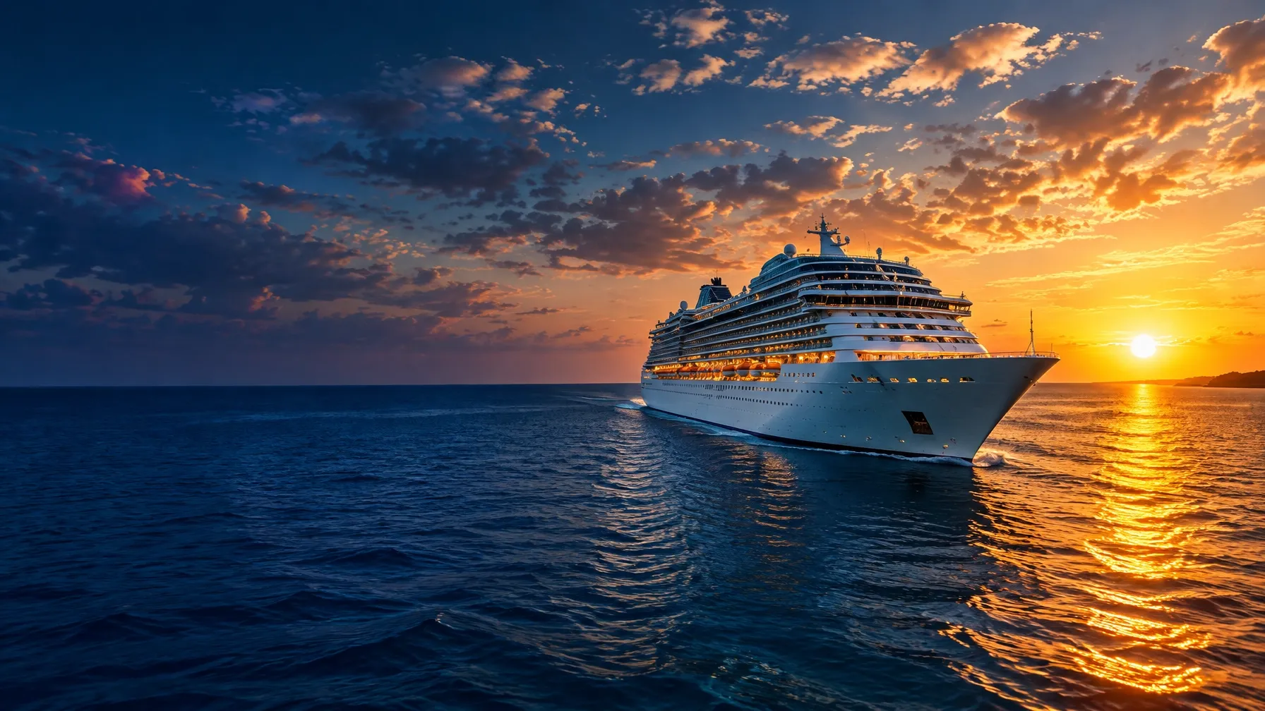 Luxury cruise ship crossing the Caribbean at sunset